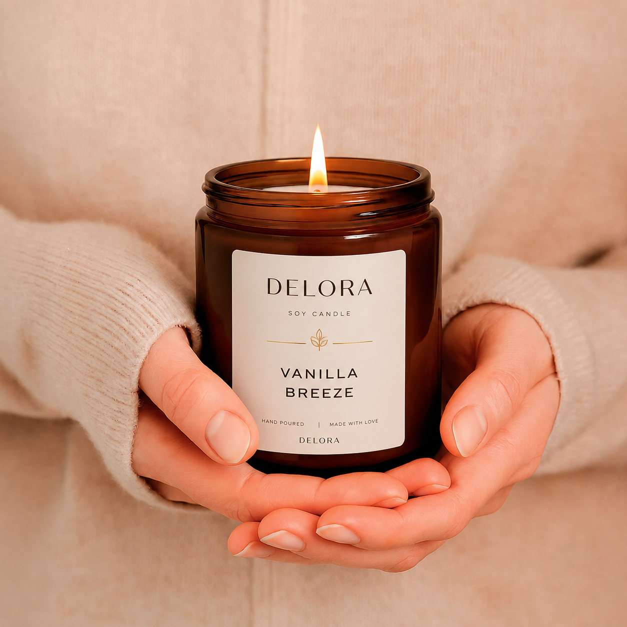 DELORA Vanilla Breeze Premium Soy Scented Candle | Long-Lasting Luxury Home Fragrance | Amber Glass Jar