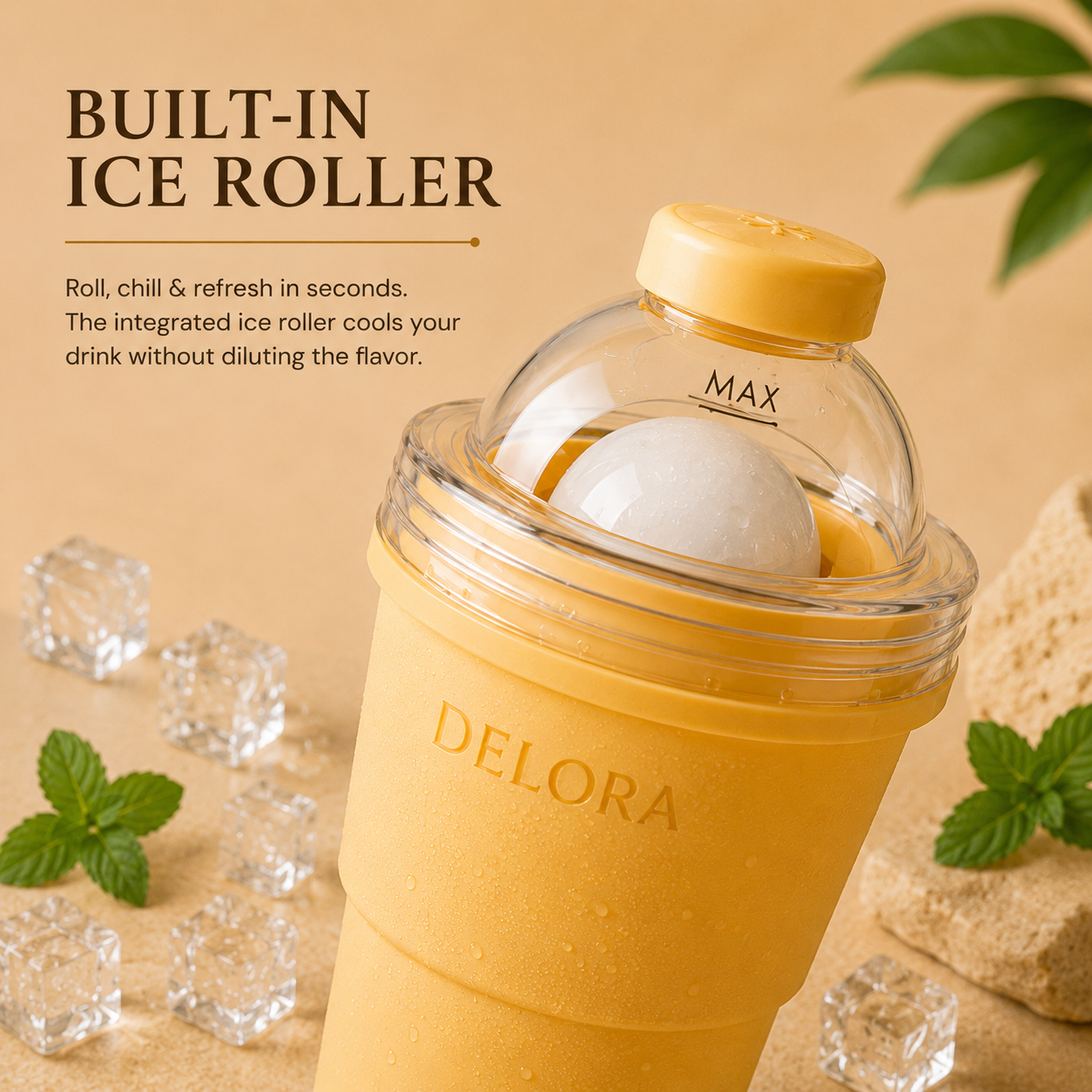 DELORA Foldable Ice Ball Maker Cup – Portable Leakproof Tumbler with Reusable Ice Sphere Mold, Straw & Lid