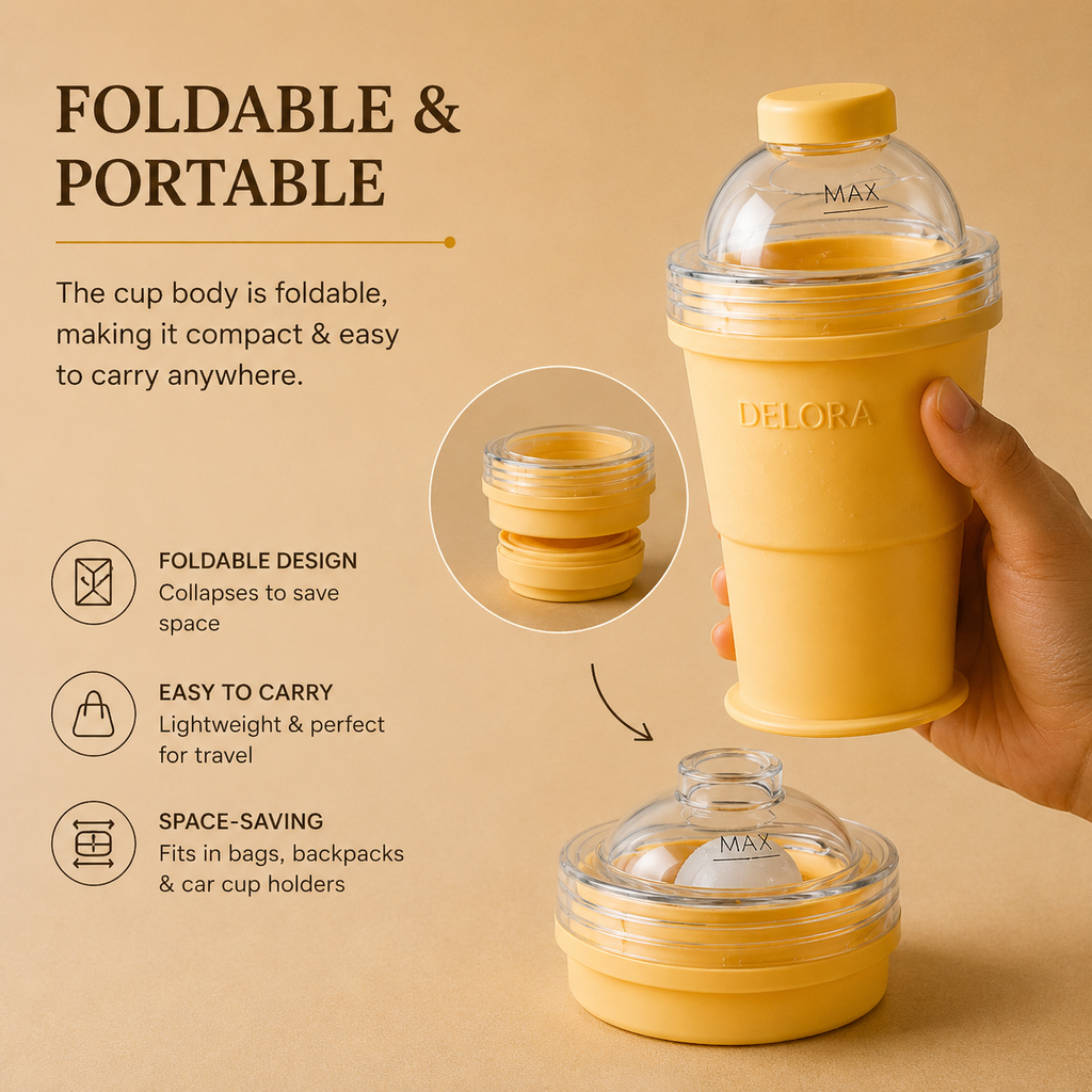 DELORA Foldable Ice Ball Maker Cup – Portable Leakproof Tumbler with Reusable Ice Sphere Mold, Straw & Lid