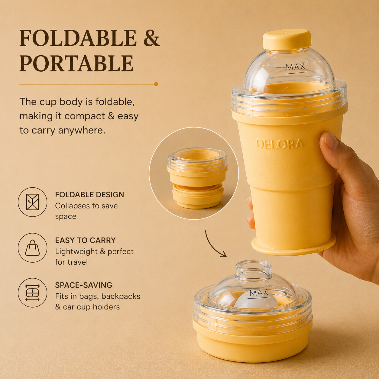 DELORA Foldable Ice Ball Maker Cup – Portable Leakproof Tumbler with Reusable Ice Sphere Mold, Straw & Lid