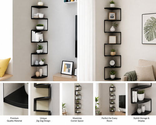 Delora™ Modern Zig-Zag Floating Corner Wall Shelf | 6-Tier Space Saving Display Rack | Matte Black