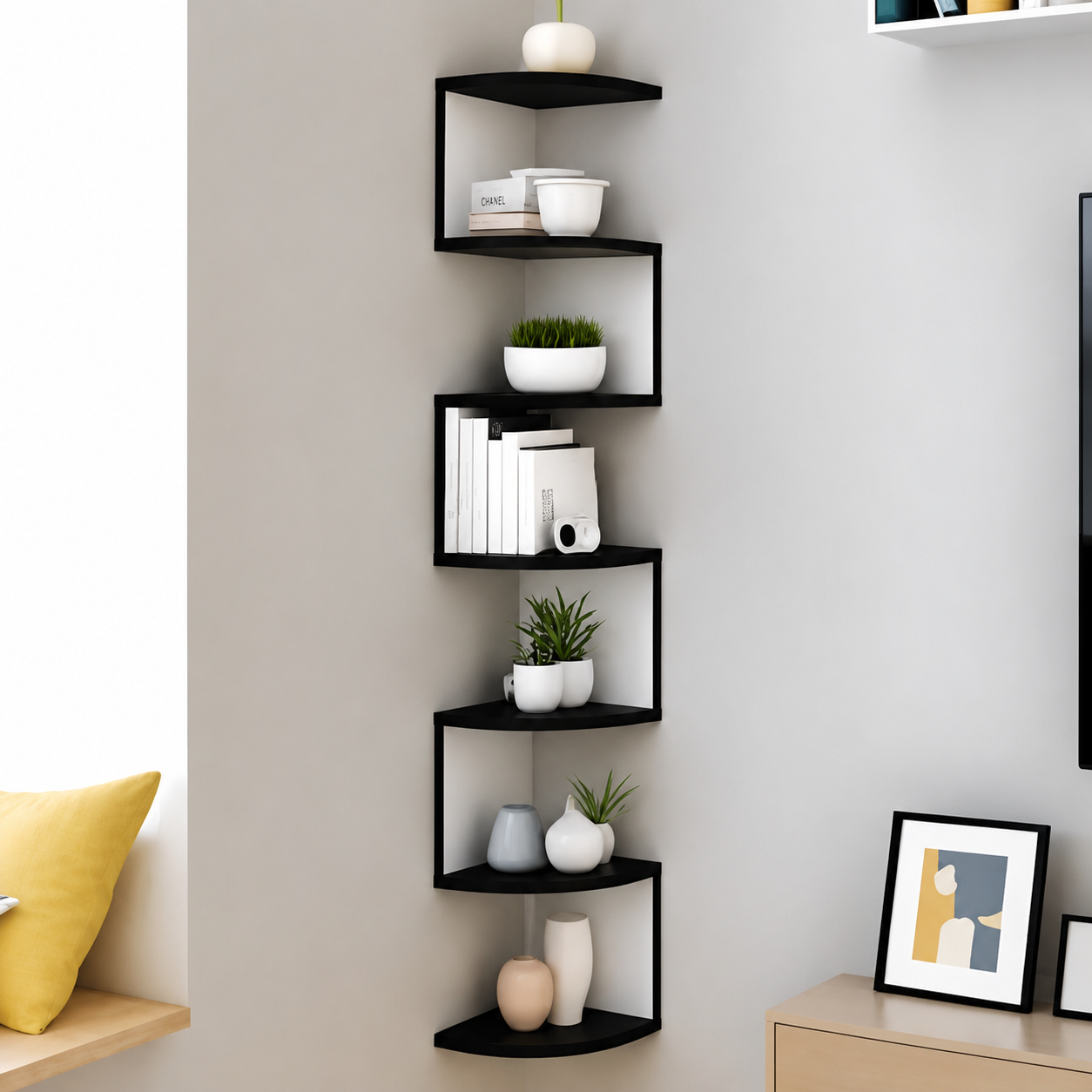 Delora™ Modern Zig-Zag Floating Corner Wall Shelf | 6-Tier Space Saving Display Rack | Matte Black