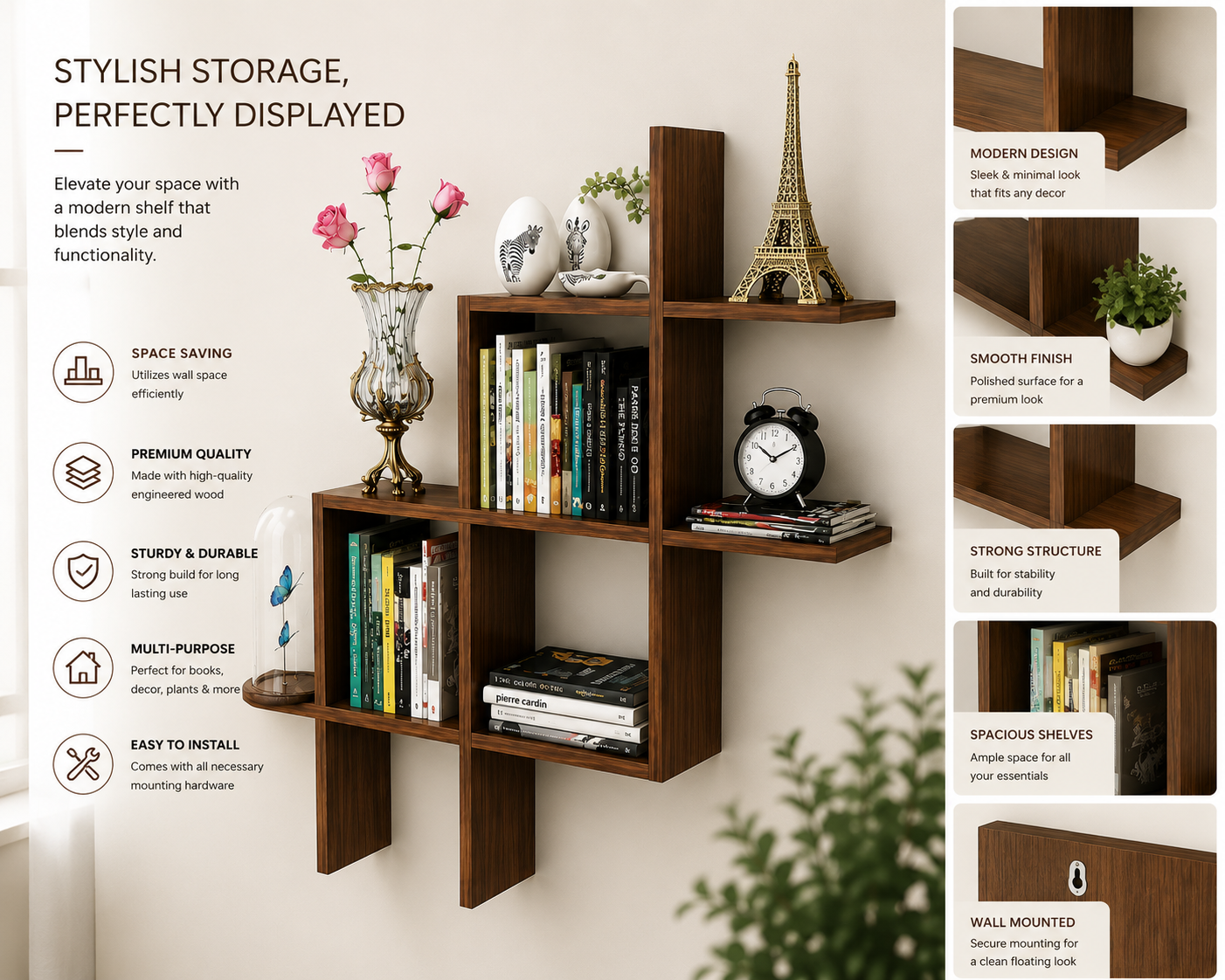 Modern Geometric Floating Wall Shelf | Premium Wooden Display & Storage Rack